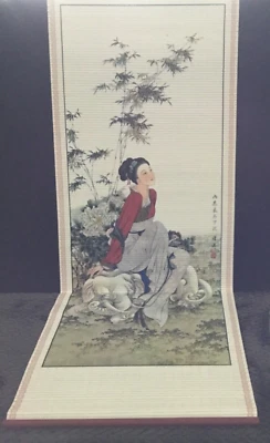 Vintage Bamboo Chinese Hanging Wall Scroll Lady on Elephant  32”x 12 1/2” - Image 1 of 4