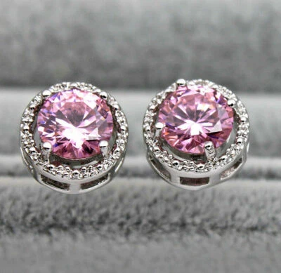Pretty New 18K White Gold Filled 7mm Pink Round CZ Stud Earrings - Image 1 of 2