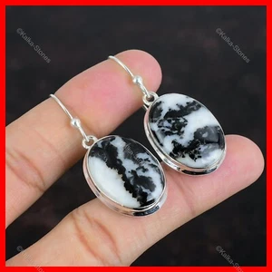 Oval White Buffalo Turquoise Gemstone Sterling Silver Dangle Drop Hook Earrings - Picture 1 of 6