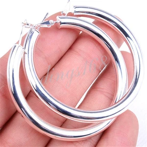 Orecchini a cerchio rotondi in argento sterling 925 classici senza appannamento di medie dimensioni E6-35 mm - Foto 1 di 1