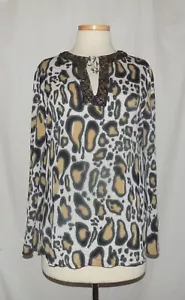 St John SoCa halbdurchsichtige Bluse Top S braun-Multi Tierdruck akzentuiert Krawatte-Hals - Bild 1 von 4