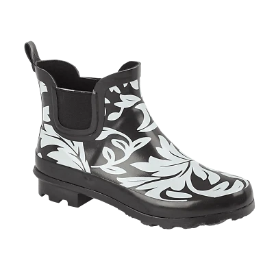 VIZ-UK WEAR Ladies Black/White Ankle Wellies Short Slip On Wellington Boots Sizes 4 to 8