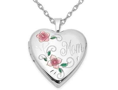 Sterling Silver Mom heart Flower Locket with Chain Foto 1 de 4