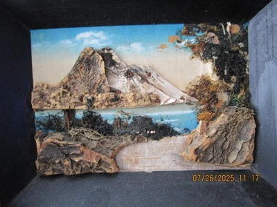 JAPANESE WOOD FRAMED ART ~ MOUNTAINS AND FOREGROUND ARE ALL MADE FROM  WOOD BARK - Image 1 of 4