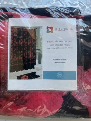 Interiors by Design Shower Curtain with 12 Roller Rings Red Rose Floral Pattern - Image 1 of 4