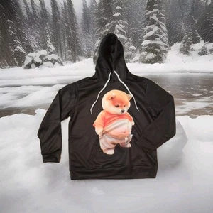 Bear Hoodie Emo Punk Raver Skater Cute Hoodie XL Black 2 Sided Pocket Drawstring - Picture 1 of 5