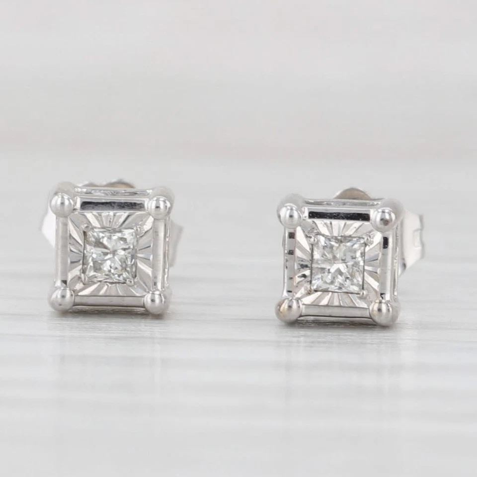 0.16ctw Princess Diamond Stud Earrings 14k White Gold Solitaire Studs - Image 1 of 4