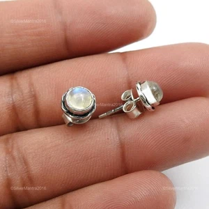Natural Rainbow Moonstone 925 Solid Silver Birthday Stud Post Wedding Earrings - Picture 1 of 8