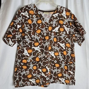 Tafford Halloween Ghosts Skeletons Pumpkins Unisex Scrub Top SEE MEASUREMENTS  - Picture 1 of 7