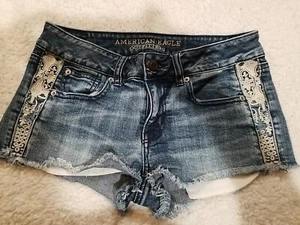American Eagle Womens Shortie Shorts Size 4 Dark Wash Stretch Blue Embroidery - Picture 1 of 8