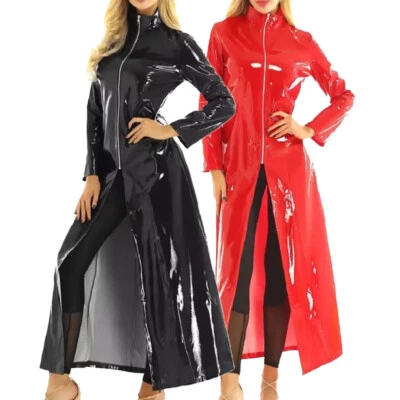 Women Men PVC Leather Long Trench Coat Gothic Latex Zipper Cosplay Party Dresses - Image 1 of 4