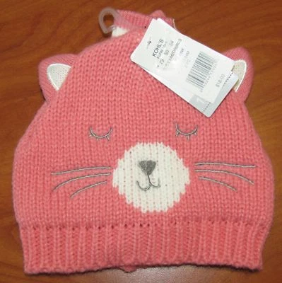 NEW CARTERS BABY GIRLS CAT KNIT HAT & MITTEN SET 12-24M PINK WHITE - Image 1 of 2