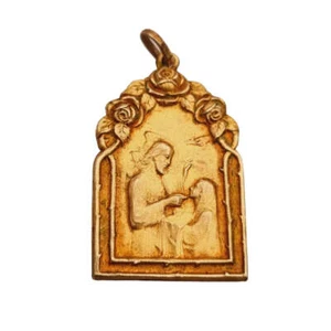 Antique Gold Art Nouveau Religious Pendant with Flowers, 1930, Catholic Gift. - Picture 1 of 10