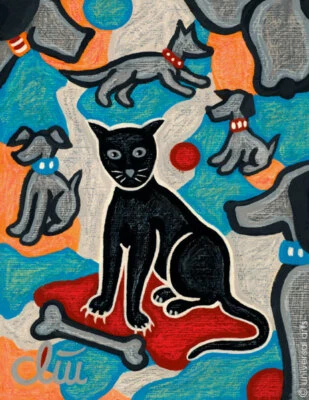 JACQUELINE DITT - Cat With Dog Behaviour A4 DRUCK n.Gemälde Katze schwarz Hund - Bild 1 von 3