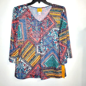Ruby Rd Womens Multi Color Patchwork Print 3/4 Bell Sleeve Blouse Shirt SZ L - Picture 1 of 15