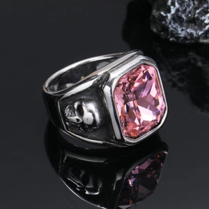 Vintage Square Pink CZ Wedding Ring Stainless Steel Men's Skull Ring Size 7-13 - Picture 1 of 2