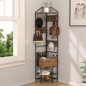 72.4" Corner Tall Clothing Rack Coat Racks Shoes Shelf Stuffs Storage w/Hooks - Picture 1 of 18