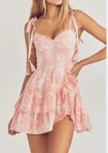 LoveShackFancy Olani Smocked Ruffles Eyelets Cute Tie Shoulder Mini Dress Small - Picture 1 of 6