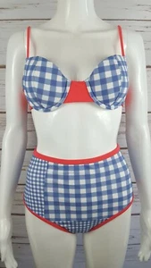SUGAR COAST by Lolli Swim Womens 2-Piece High Waist Blue Gingham Plaid Size M - Picture 1 of 8