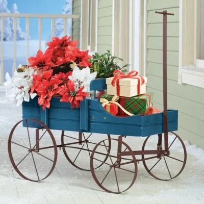 Vintage Wooden Wagon blue fireplace decor log display country holiday firewood - Image 1 of 4