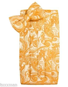 NUOVO Uomo Cardi Mandarino Arancione Paisley Tuxedo Cummerbund Fiocco Cravatta Hankie.TUXXMAN - Foto 1 di 2
