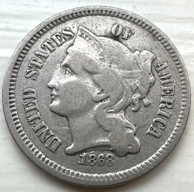 1868 THREE CENT NICKEL IN BEAUTIFUL NICE VERY HIGH GRADE CONDITION RARE COIN - Image 1 of 3