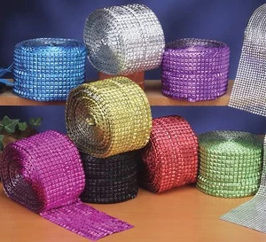 Diamond Metallic Mesh Overlay 12 Rows Square Tiles Bling Ribbons Premium Wedding - Picture 1 of 6