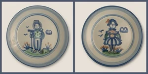Vtg MA Hadley Pottery 11” Dinner Plates - Country/Folk Art FARMER & WIFE Pattern - Picture 1 of 14