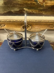 VTG Cobalt Blue Glass & Silver Tone Condiment Dish Set W Caddy Made in England - Picture 1 of 17