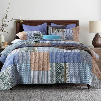 Cotton Patchwork Bedspread Set Luxury Floral Quilt Reversible Bedding Comforter - Image 1 of 4