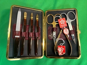 PFEILRING SOLINGEN GOLD MANICURE SET W. GERMANY Burgundy CASE 7 Pieces NEW - Picture 1 of 9