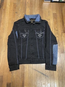 Chaqueta de mezclilla para hombre Rock Revival negra/azul grande Y2K Moto/Biker Grunge 208 - Imagen 1 de 6