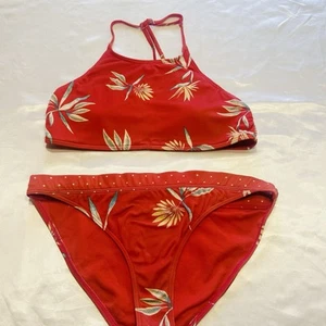 Roxy Bikini Swimsuit 2 PieceSet Coral Red Tropical Floral Halter top Size M - Picture 1 of 8