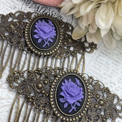 Pair of Bronze Barrette Jewelry Hair Comb Cameo Purple Black Goth Rose Wedding - Image 1 of 4