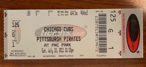 July 10,2011 Chicago Cubs vs Pittsburgh Pirates Ticket Section 1 Free Shipping Cover