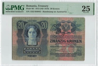ROMANIA 20 Kronen 1913 (1919), P-R4 BUKOVINA Handstamp, Rare, PMG 25 Very Fine - Image 1 of 2
