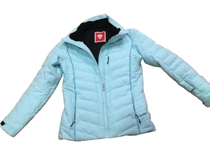 Rossignol puffer ski jacket women's xl detachable hood faux fur 716 Blue stencil - Picture 1 of 6