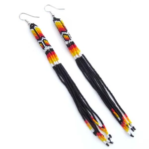 Black Fire Seed Beads Beaded Extra Long Earrings 5.5 Inch Handmade - Picture 1 of 4