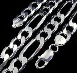 10MM Wide Solid 925 Sterling Silver Men's FIGARO Chain Necklace Made in Italy - Picture 1 of 5