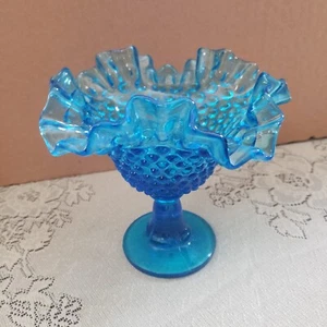 Fenton Hobnail Blue ruffled pedestal candy dish/compote - Picture 1 of 6