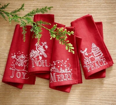 Pottery barn Christmas napkin holiday set 4 cloth party gift red plaid Disney / - Image 1 of 4