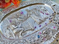 ANTIQUE SOLID SILVER TRAY PLAQUE GERMAN Queen Mary Stuart HANAU HUGE OLD MUSEUM!
