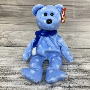 1999 HOLIDAY TEDDY Beanie Babies TY Retired Blue White Snowflake Teddy Bear Toy - Picture 1 of 13