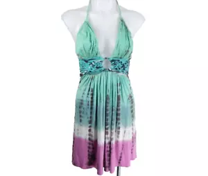 Mini Vestido Para Mujer Sky Brand Mediano Verde Rosa Tie Dye Recorte Y2K De Colección Halter Usado en Excelente Condición - Imagen 1 de 4