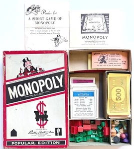 VINTAGE 1954 MONOPOLY GAME RED POPULAR EDITION WITH WOOD PLAY PIECES ~ NO BOARD - Picture 1 of 6