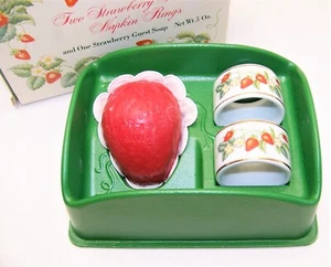 Avon Two Strawberry Porcelain Napkin Rings and Guest Soap With Box NEW NOS - Picture 1 of 4