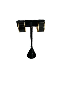 Elegant Vintage Monet Black Enamel and Gold Tone Hoop Earrings Pierced - Picture 1 of 4