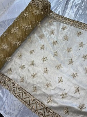 1m Beige  / gold Embroided Pearl Beaded Scalloped Bridal lace Fabric 44”wide Sal - Image 1 of 4