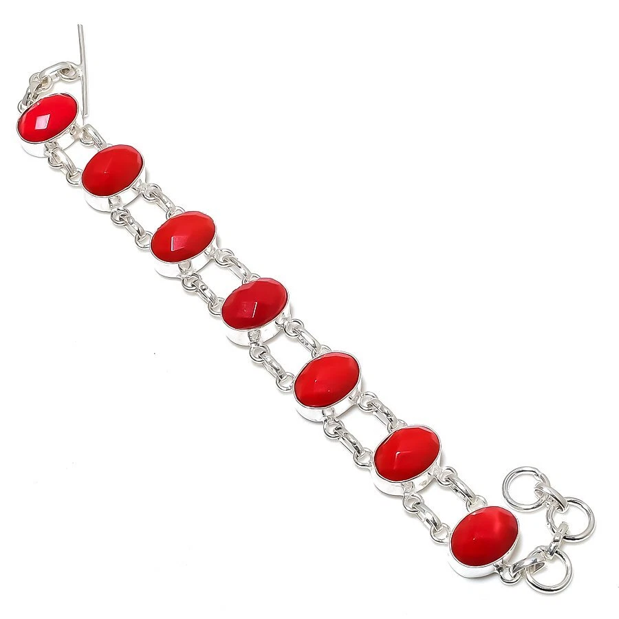 Italienische Rote Koralle Edelstein Handarbeit 925 Sterlingsilber Armband - Bild 1 von 1