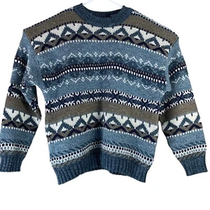 Suéter XL Mezcla Lana Rayas Geométrico Azul Blanco Manga Larga Pullover - Imagen 1 de 4
